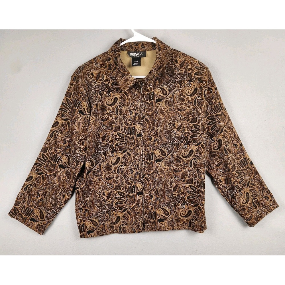 Briggs Petite Jacket Womens 12P Brown Paisley Zip Front Lined Stretch